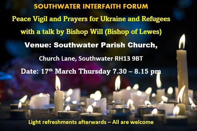 The prayer and peace vigil will be held at the Southwater Parish Church on Thursday, March 17