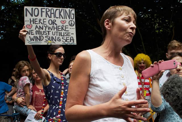 Green Party MP Caroline Lucas speaking at a fracking protest in Balcombe in 2013. Picture by Victoria Thompson