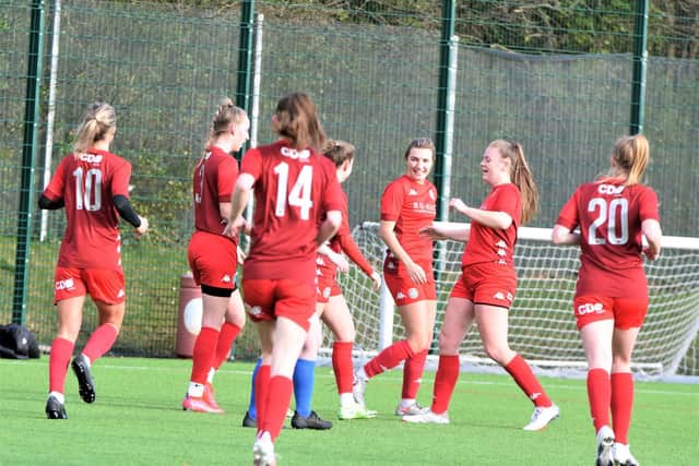 Worthing celebrate a goal against New London Lionesses / Picture: OneRebelsView
