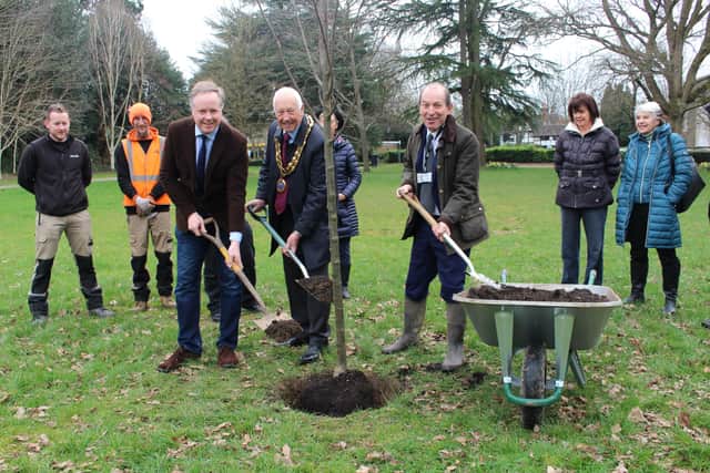 Horsham council chairman David Skipp with Councillorr Roger Noel and Councillor Christian Mitchell planting one of the first Queen’s Green Canopy trees in Horsham Park