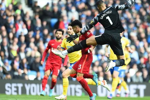Brighton and Hove Albion goalkeeper Robert Sanchez clatters into Liverpool attacker Luis Diaz at the Amex Stadium