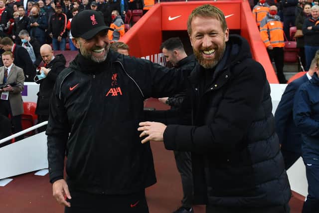 Jurgen Klopp greets Graham Potter at Anfield in October 2021. (Photo by Andrew Powell/Liverpool FC via Getty Images)