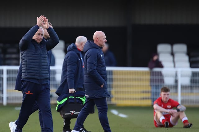 Ian Culverhouse applauds the travelling supporters but it was disappointment all-round after a 2-1 defeat