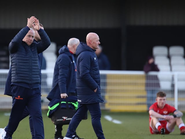 Ian Culverhouse applauds the travelling supporters but it was disappointment all-round after a 2-1 defeat