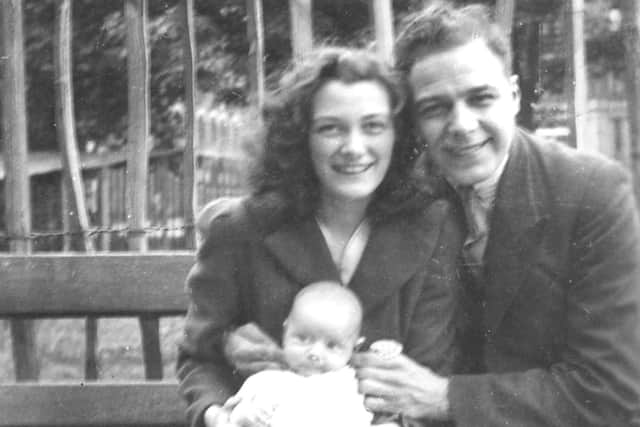 Bill, his wife Mary and their two-month-year-old baby David in July 1942. Bill left for overseas a month later. The next time he saw David, his son was four years old.