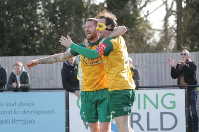 Gary Charman (right), who was playing in his last game before retirement, celebrates with Horsham's opening goalscorer Rob O'Toole