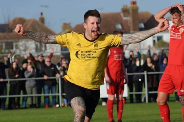 George Gaskin celebrates netting Littlehampton Town's winning goal in their 1-0 quarte-final victory over tournament favourites North Shields on Saturday. Picture by Stephen Goodger