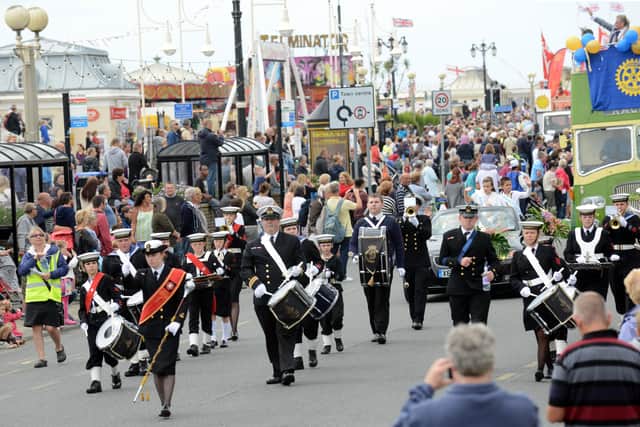 Worthing Rotary Carnival in August 2012, when a crowd of thousands packed the seafront to watch the procession, led by the marching band from TS Implacable, Littlehampton's Nautical Training Corps. Picture: Stephen Goodger