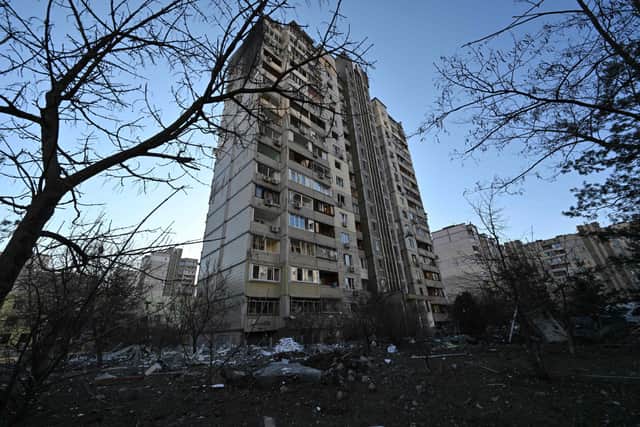 A damaged apartment block in Ukraine. Photo by Genya Savilov/ AFP via Getty Images.