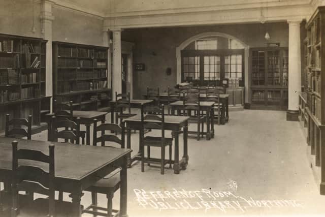 Reference rooms at Worthing Public Library around 1910, showing tables and chairs, shelves with books, interior lighting and windows. Picture West Sussex County Council Library Service www.westsussexpast.org.uk