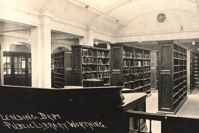 The lending department at Worthing Public Library around 1910, showing the shelves with books, lighting, ceiling fan and barrel ceiling. Picture West Sussex County Council Library Service www.westsussexpast.org.uk