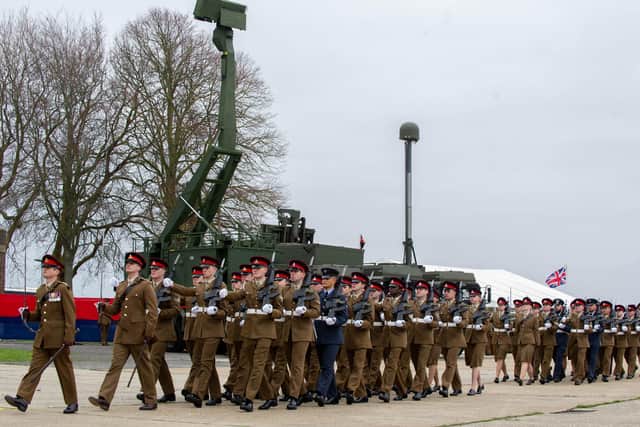 16 Regiment Royal Artillery troops marching past the new Sky Sabre system at a parade earlier this year. Picture: Habibur Rahman