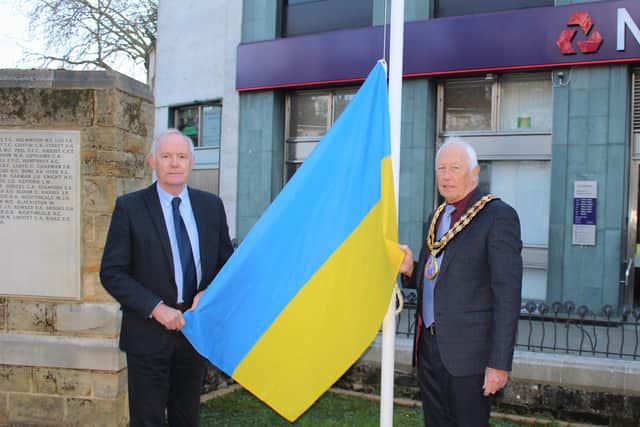 Horsham District Council chairman Cllr David Skipp and leader Cllr Jonathan Chowen raised the flag yesterday as a mark of solidarity with the people of Ukraine in the face of the Russian invasion.