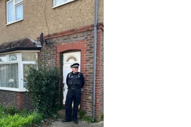 Closure order secured at property in Chichester. PCSO Mac Larbey pictured. Photo from Sussex Police. SUS-220318-172452001