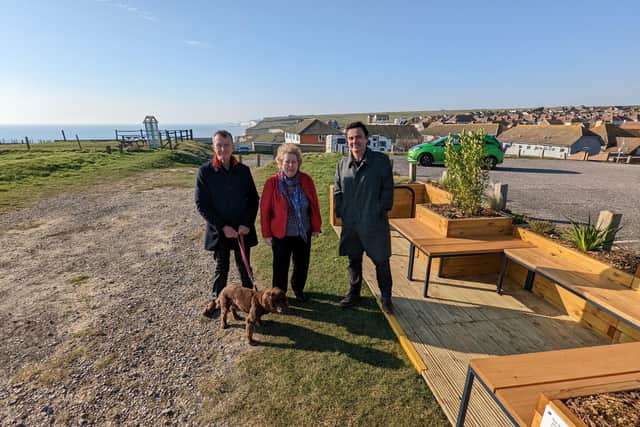 Left to right: Councillor Laurence O'Connor, Councillor Julie Carr and Councillor Matthew Bird by the new parklet at Fairlight Avenue Car Park.