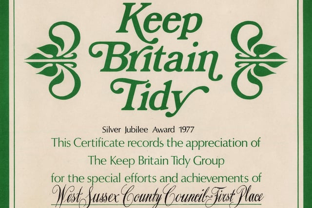The winning certificate from the 1977 Campaign for a Cleaner Town and Countryside