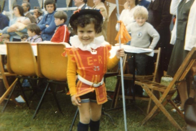 A smart little Beefeater at a fancy dress party in Greenfield Road, Chichester, in 1977 for the SIlver Jubilee
