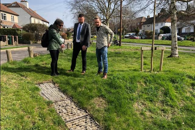 Council leader Phélim Mac Cafferty and councillor Jamie Lloyd, member of the Environment, Transport and Sustainability committee visit the work being done on Carden Avenue