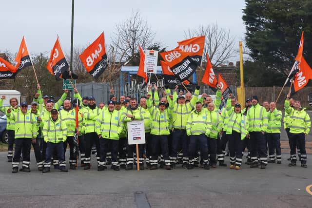 The meeting involved officers from the councils, 'recognised union' UNISON and the GMB (pictured) — whose members are in the second week of a strike. Photo: Eddie Mitchell