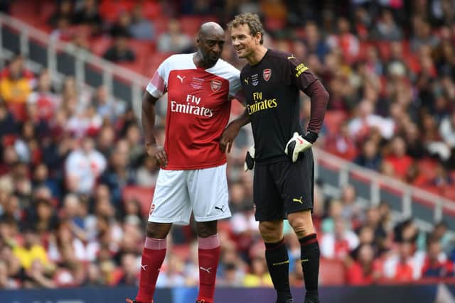 Chris Whyte, pictured here with Jens Lehmann at an Arsenal legends game, has been lined up for an Ore Athletic charity match