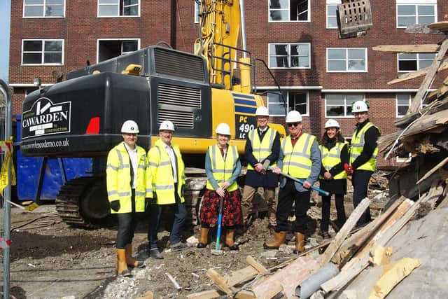 Representatives from the local housing association and the site’s main contractor, Real, were joined by councillors Catherine Arnold and Jeremy Gardner to mark the start of demolition works.