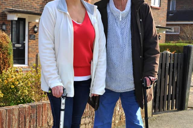 Melissa is a carer for her disabled mum who has to use two walking sticks  SUS-220327-164534001
