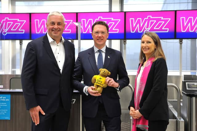 Gatwick chief executive Stewart Wingate, Aviation minster Robert Courts and Wizz Air managing director Marion Geoffroy