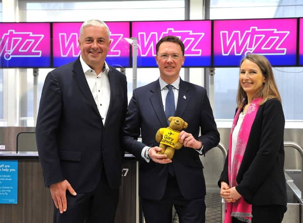 Gatwick chief executive Stewart Wingate, Aviation minster Robert Courts and Wizz Air managing director Marion Geoffroy