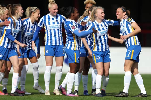 Aileen Whelan (far right) is congratulated for netting Brighton's opener in their win over West Ham. Pictures by Julian Finney/Getty Images