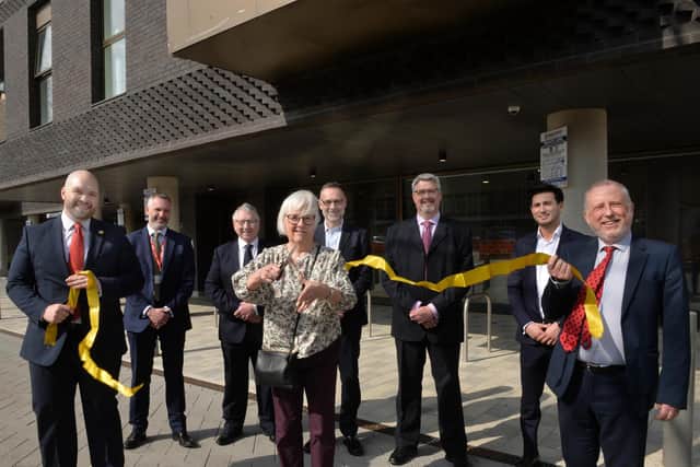 Left to right: Peter Lamb, Leader of Crawley Borough Council; Ian Duke, Deputy Chief Executive, Crawley Borough Council; Mike May, Director of Construction, A2Dominion; Jenny Thomas; Simon Potts, Director of Land and Planning, A2Dominion; Steve Marsh, Contract Manager, A2Dominion; Luke Hepworth, Senior Development Manager, A2 Dominion; Councillor Ian Irvine.