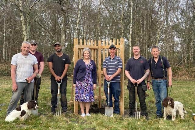 Graham Rogers with Jess, Lee Rogers, Aidan Anderson, Lady Emma Barnard, Head Gardener Andrew Humphris, Toby Barnes (who made all the tree-guards), Paul Luff (Head of Maintenance and Security).