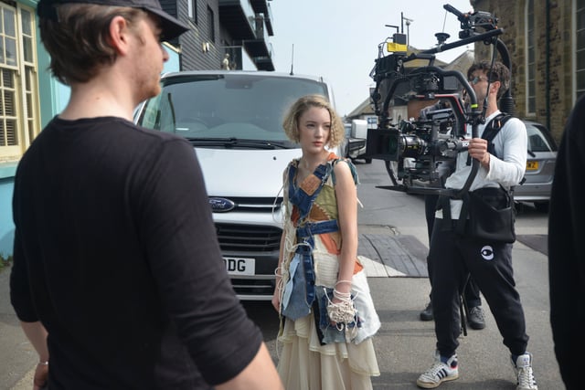 Filming of a trailer for The Tempest in Rock-a-Nore Road, Hastings. Featuring Raffiella Chapman. SUS-220329-080429001