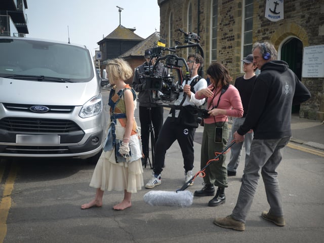 Filming of a trailer for The Tempest in Rock-a-Nore Road, Hastings. Featuring Raffiella Chapman. SUS-220329-080441001