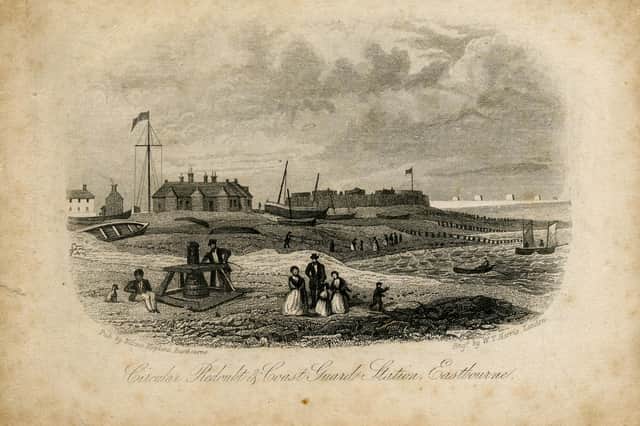 This is one of the earliest illustrations of the Redoubt Fortress. You can see part of the long line of Martello Towers in the distance

Pictures courtesy of Eastbourne Heritage Service SUS-141004-093620001