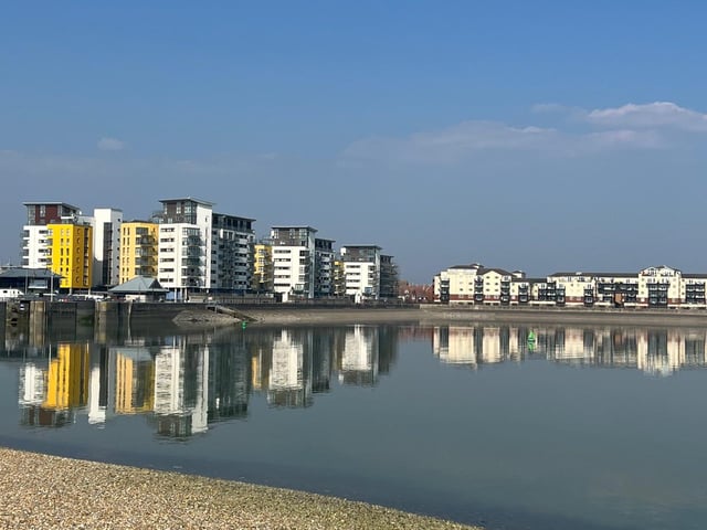 Reflections at Sovereign Harbour. Taken by Carol Kircher with an iPhone. SUS-220330-084730001