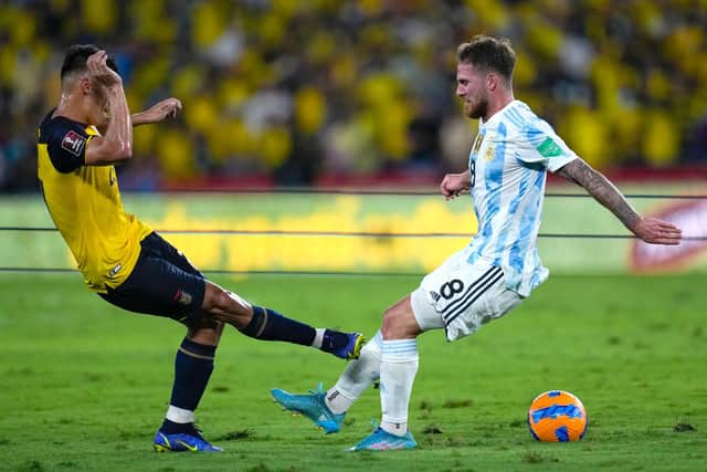 Argentina manager Lionel Scaloni was unhappy with the challenge (pictured) that saw Brighton & Hove Albion midfielder Alexis Mac Allister come off injured in last [Tuesday] night's FIFA World Cup qualifier in Ecuador. Picture by Dobres Ochoa - Pool/Getty Images