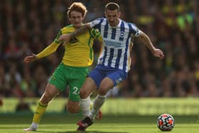 Brighton's Lewis Dunk tangles with Norwich's Josh Sargent during October's goalless draw at Carrow Road. Picture by Julian Finney/Getty Images