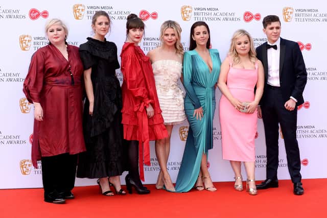 LONDON, ENGLAND - MAY 12: The cast of Derry Girls (L-R) Siobhan McSweeney, Louisa Harland, Kathy Kiera Clarke, Saoirse-Monica Jackson, Jamie-Lee O'Donnell, Nicola Coughlan and Dylan Llewellyn attends the Virgin Media British Academy Television Awards 2019 at The Royal Festival Hall on May 12, 2019 in London, England. (Photo by Jeff Spicer/Getty Images) SUS-220331-120943003
