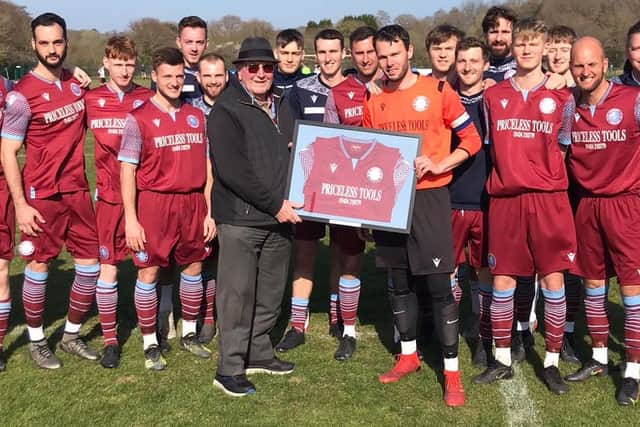 Little Common players make a presentation to 80-year-old fan Dave Pope