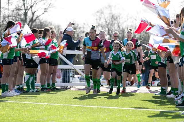 Harlequins come out, accompanied by their Horsham mascots