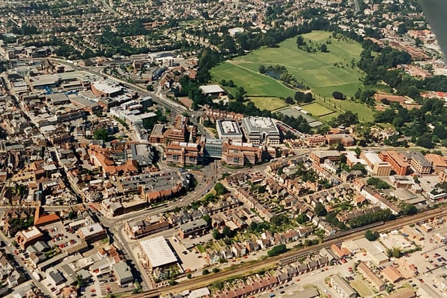 An aerial view of Horsham 20 years ago including the park, the RSA buildings and East Street