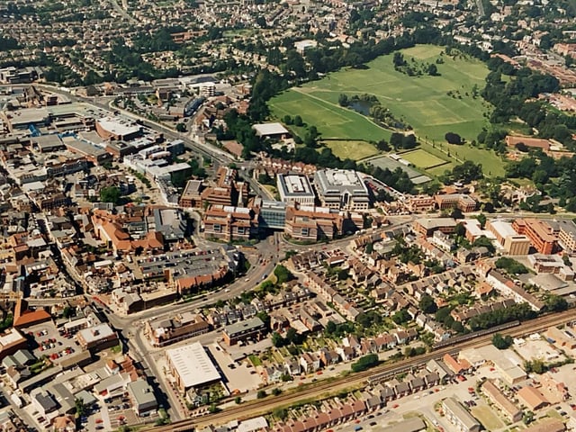 An aerial view of Horsham 20 years ago including the park, the RSA buildings and East Street