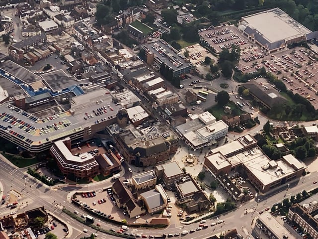 An aerial picture of Horsham town centre in the late 1990s