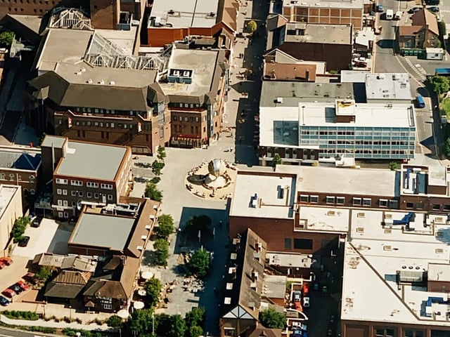 Horsham town centre pictured from above, showing the Shelley Fountain in the late 1990s