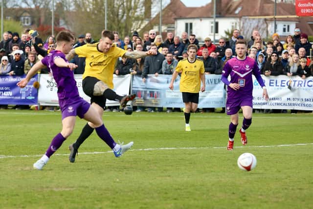 Dream start! George Gaskin fires Littlehampton in front on 38 seconds / Picture: Martin Denyer