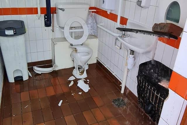 Some of the vandalism in the toilets by The Willows car park in Alfriston. Picture from Sussex Police SUS-220404-144644001