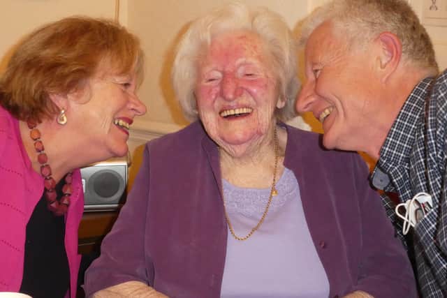 Joan Mellor, 102, with her children Wendy and David at Meadowcroft care home in Shoreham