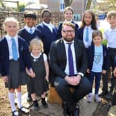 St Richards Catholic school, Chichester celebrate their Ofsted report.
Headmaster James Field with pupils. Pic S Robards SR2203243 SUS-220324-162342001