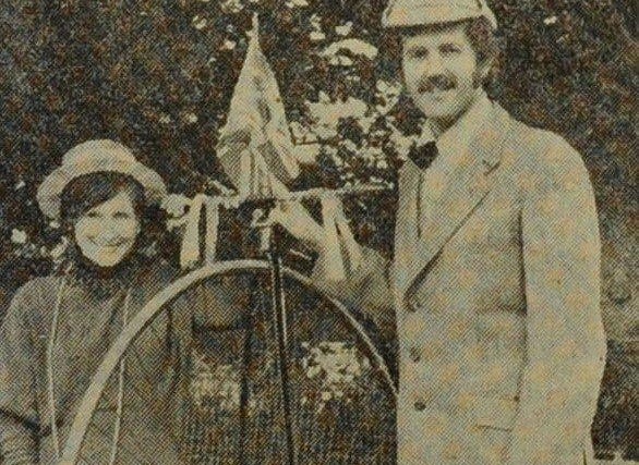 Robin Barnett and his wife with their penny-farthing entry for Walberton's jubilee procession