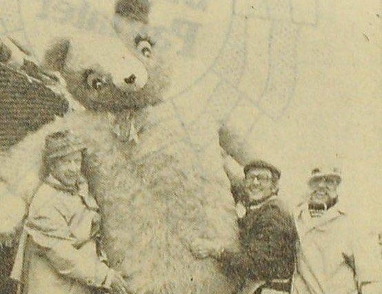 Alan Mills, Terry Bristow and Don Collins with the Lions' giant teddy bear at the Buckingham Park Jubilee Spectacular on Monday, June 6, 1977